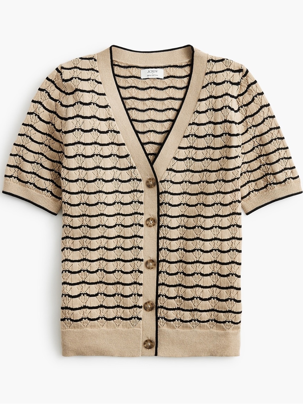 J. Crew Beige and Black Striped Short-Sleeve Cardigan Sweater